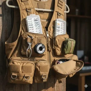 Close-up of a fly fishing vest showing organized pockets filled with fly boxes and gear.