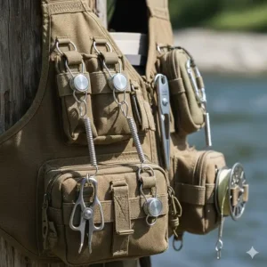 Close-up of gear attachment points on a vest including zingers, retractors, and forceps.