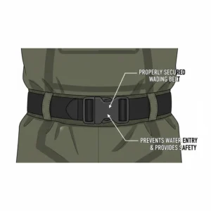 A close-up illustration of a properly secured wading belt on a pair of fly fishing waders to prevent water entry.