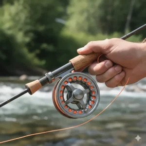 Close-up of a 5-weight fly rod and pre-spooled reel from a beginner fly fishing kit.