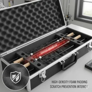 A detailed view of the high-density foam padding inside a fishing rod hard case for scratch prevention.