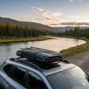 A sleek, hard-shell car fishing rod carrier case designed for long-distance travel and weather protection.