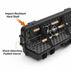 Cross-section illustration of a hard shell fishing rod bag demonstrating impact resistance and shock-absorbing foam.