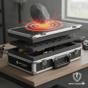 Illustration showing the multi-layer impact resistance of a fishing rod hard case against heavy pressure.