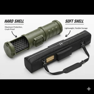 Diagram comparing a heavy-duty hard shell fishing rod case with a lightweight padded soft case.