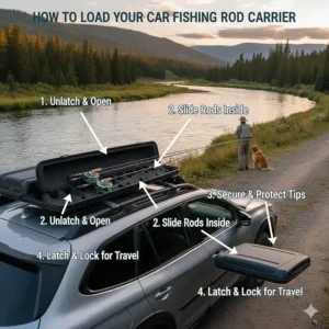 Diagram showing the proper way to secure a fishing rod in a car carrier to prevent tip damage.