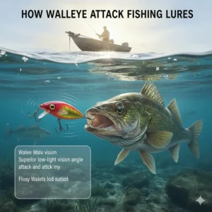Illustration of a walleye tracking a lure from below, highlighting its low-light vision capabilities.