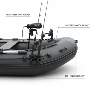 Detailed view of integrated rod holders and motor mount brackets on an inflatable fishing vessel.