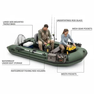 Illustration showing under-seat storage bags and tackle pouches on a fully equipped inflatable fishing boat.
