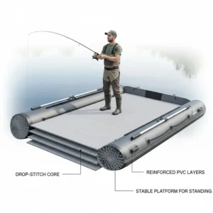 Cross-section illustration of an air-deck floor providing stability for standing while fishing on an inflatable boat.