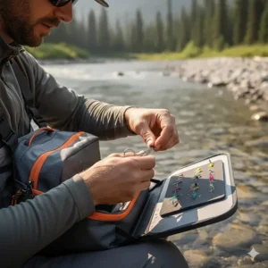A fold-down fly bench on a sling pack used for rigging flies on the water.