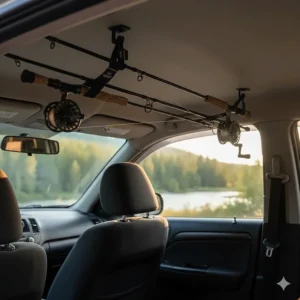 Adjustable nylon strap fishing rod carrier installed across the interior ceiling of a car.