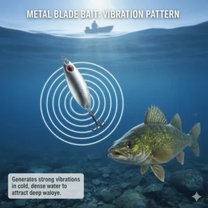 Diagram showing the high-frequency vibration of a metal blade bait lure used for cold-water walleye.