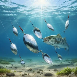 Chrome-finished metal spoon lures used by surfcasters to reach striped bass holding far offshore.