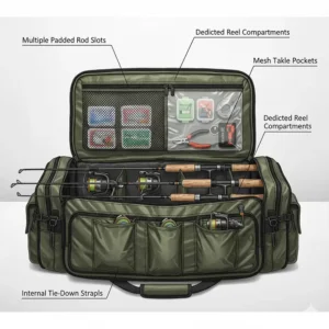 Internal view illustration of a fishing rod bag showing slots for multiple rods and dedicated reel compartments.