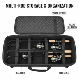 Interior view of a multi-fishing rod case storing four rods with reels attached and secured by velcro straps.