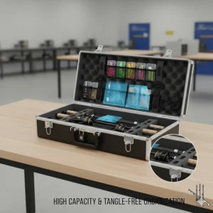 Illustration showing how to pack multiple rods into a single fishing rod hard case without tangling.