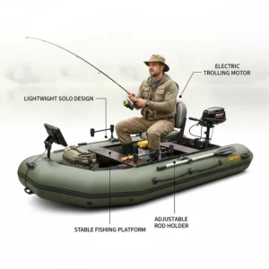 Illustration of a lightweight one-person inflatable boat optimized for solo river fishing.