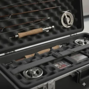 Illustration showing the thick foam padding interior of a fishing rod travel case for shock absorption.