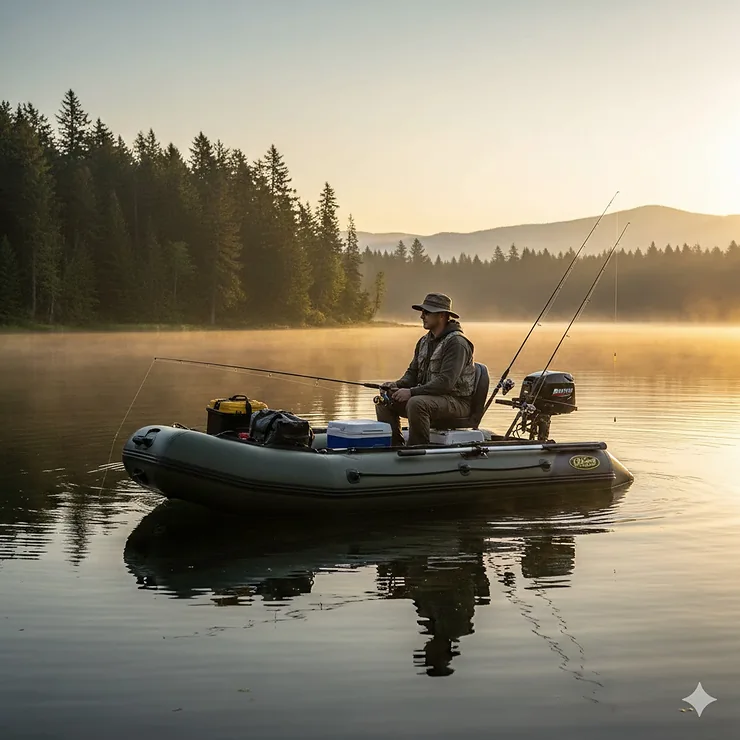 A premium inflatable fishing boat with an outboard motor and rod holders on a calm freshwater lake at sunrise. boat fishing inflatable