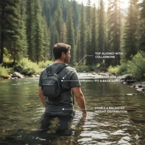 An infographic showing the correct way to adjust the shoulder straps of a fly fishing chest pack for back support.