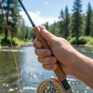 Top-down view of the correct thumb-on-top grip for casting a beginner fly fishing rod.