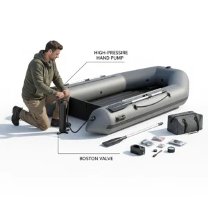 Step-by-step illustration of using a high-pressure pump to inflate a boat for fishing.