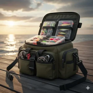A waterproof tackle bag organized with lures and tools for striped bass fishing gear storage.
