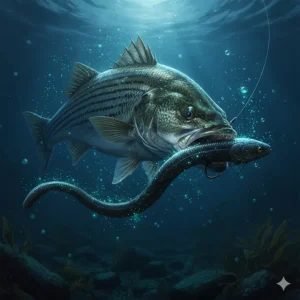 Dark-colored soft plastic eel imitation, a highly effective night fishing lure for trophy-sized striped bass.