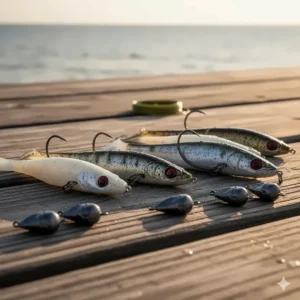 A selection of white and silver soft plastic swimbaits used in striped bass fishing gear kits.