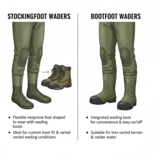 Illustration highlighting the difference between stockingfoot fly fishing waders and integrated bootfoot designs.