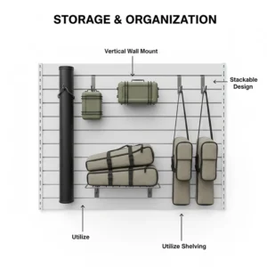 Illustration showing fishing rod cases organized on a vertical wall mount for home storage.