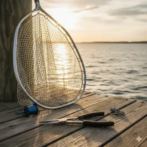An aluminum landing net and long-nose pliers, essential safety items in striped bass fishing gear.