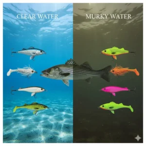 A comparison chart showing the best fishing lures for striped bass in clear water versus murky water conditions.