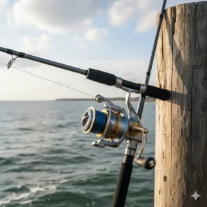 A heavy-duty spinning rod and saltwater reel designed for striped bass fishing gear.