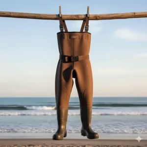 Durable chest waders and a wading belt for anglers using striped bass fishing gear in the surf.