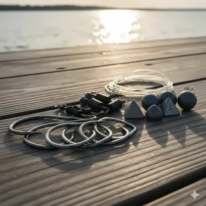 Close-up of circle hooks, heavy-duty swivels, and sinkers required for striped bass fishing gear setups.