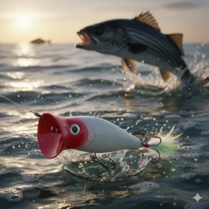 Illustration of a high-visibility wooden topwater popper lure used for catching aggressive striped bass in surface blitzes.