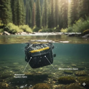 Illustration demonstrating the TIZIP zipper and waterproof fabric of a submersible fly fishing chest pack.