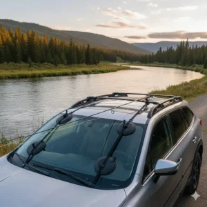 Heavy-duty vacuum suction cup fishing rod carrier secured to a car windshield and roof.