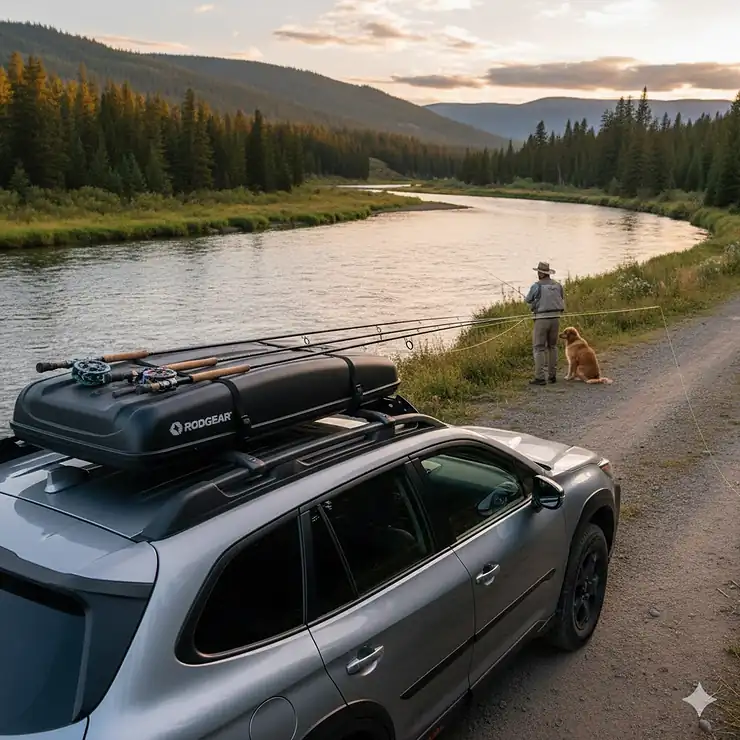 A rooftop car fishing rod carrier mounted on an SUV holding several fly fishing rods.