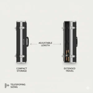 A comparison chart showing the adjustable length of a telescoping fishing rod hard case.