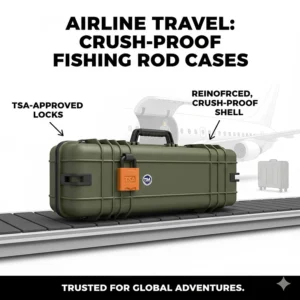 Illustration of a crush-proof fishing rod case being loaded as oversized luggage for air travel.