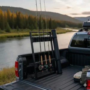 Vertical fishing rod carrier rack installed in the bed of a pickup truck.