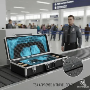 Diagram of a lockable fishing rod hard case suitable for airline travel and airport security.