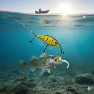 Illustration of a balanced jigging minnow lure performing a circular swimming motion for vertical walleye fishing.
