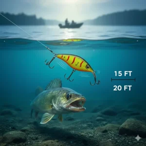 Illustration showing the diving depth and wobbling action of a deep-diving crankbait for walleye.