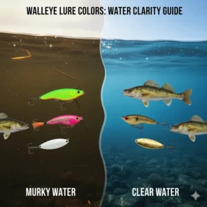 A guide showing bright neon lures for murky water and natural silver lures for clear water walleye fishing.