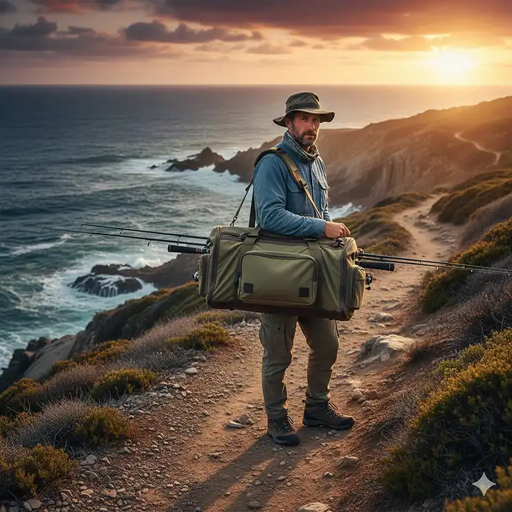 A durable waterproof fishing rod bag with padded shoulder straps being carried by a fisherman on a coastal trail. fishing rod bags