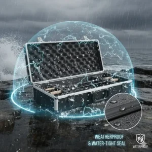 Illustration of a sealed fishing rod hard case protecting gear from rain and saltwater spray.